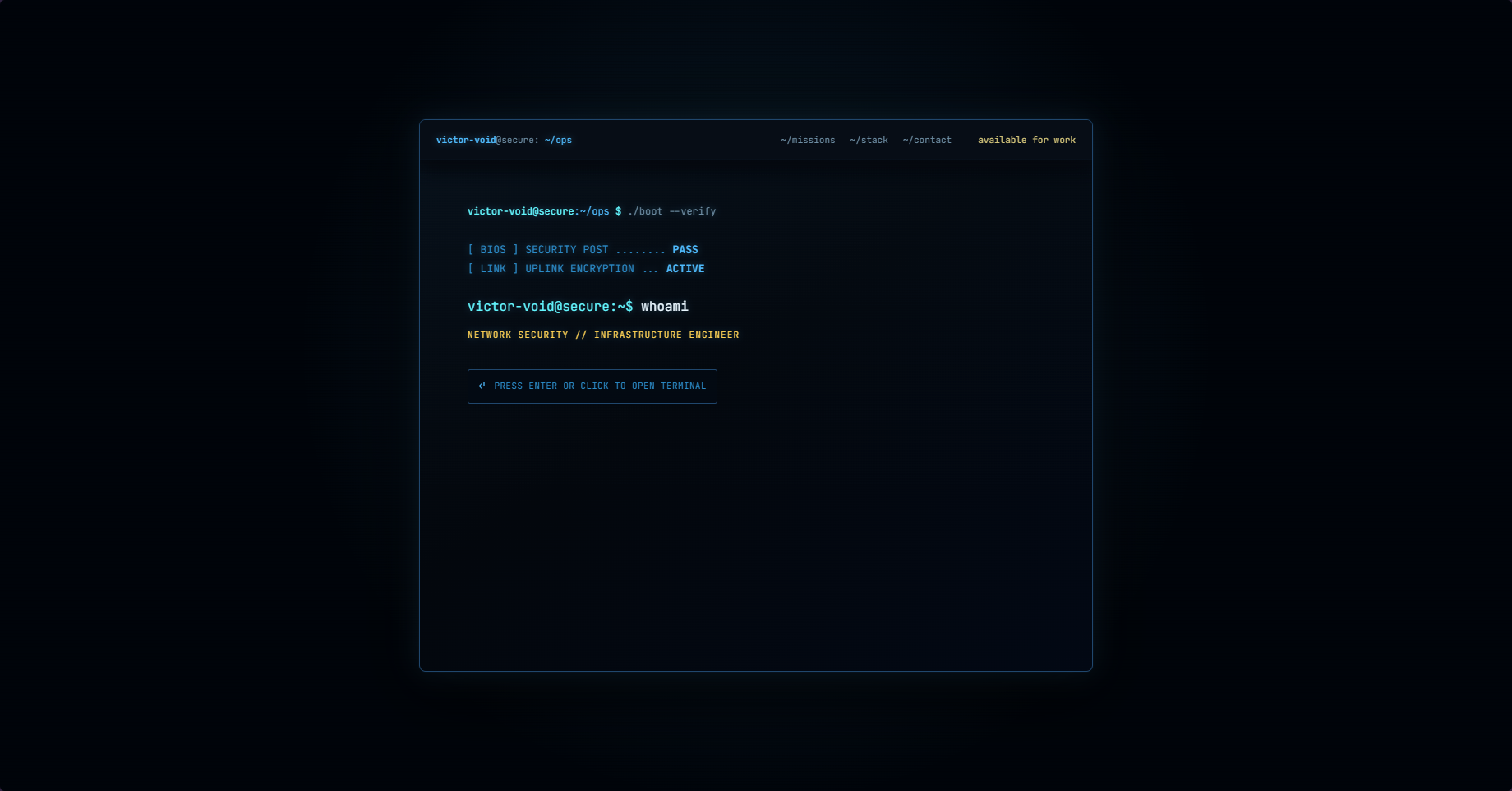 Victor Void landing page styled as a security terminal, mid-boot with a "whoami" prompt reading "network security // infrastructure engineer".
